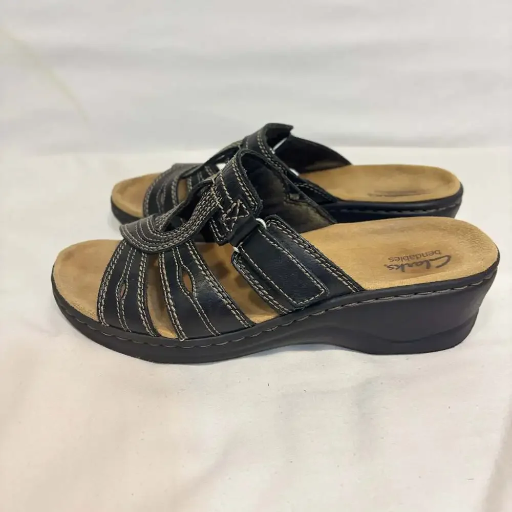 Clarks Bendables Black Leather Wedge Comfort Sandals Size 9
